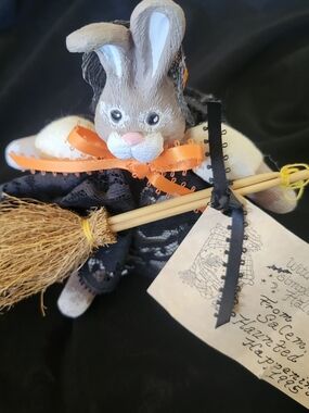 Vintage Handmade Witch Bunny Figurine with Broom Salem MA